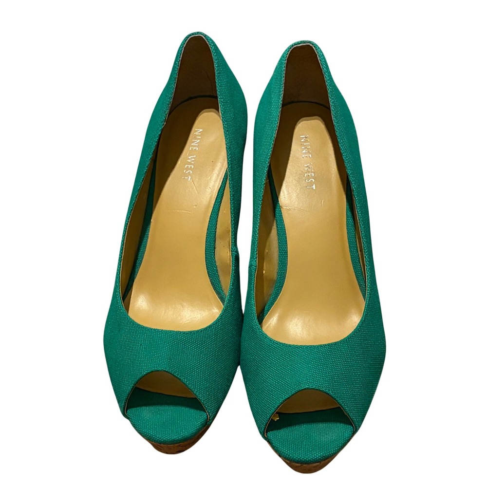 Nine West Cheerful70 Green Textile Peep Toe Cork Wedge Heels Womens 9.5M